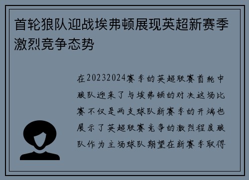 首轮狼队迎战埃弗顿展现英超新赛季激烈竞争态势