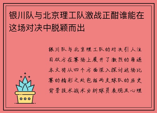银川队与北京理工队激战正酣谁能在这场对决中脱颖而出