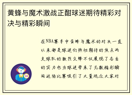 黄蜂与魔术激战正酣球迷期待精彩对决与精彩瞬间