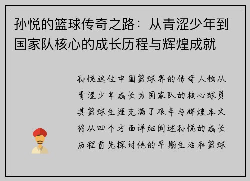 孙悦的篮球传奇之路：从青涩少年到国家队核心的成长历程与辉煌成就