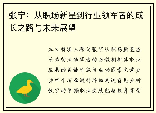张宁：从职场新星到行业领军者的成长之路与未来展望