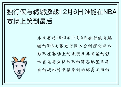 独行侠与鹈鹕激战12月6日谁能在NBA赛场上笑到最后