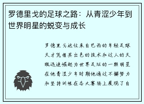 罗德里戈的足球之路：从青涩少年到世界明星的蜕变与成长
