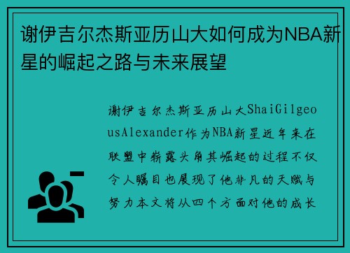 谢伊吉尔杰斯亚历山大如何成为NBA新星的崛起之路与未来展望