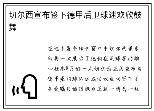 切尔西宣布签下德甲后卫球迷欢欣鼓舞