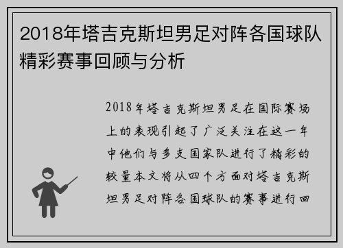 2018年塔吉克斯坦男足对阵各国球队精彩赛事回顾与分析