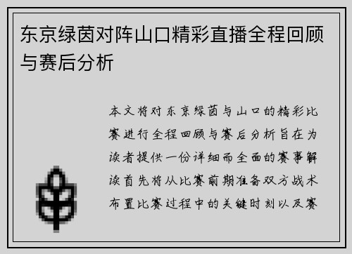 东京绿茵对阵山口精彩直播全程回顾与赛后分析