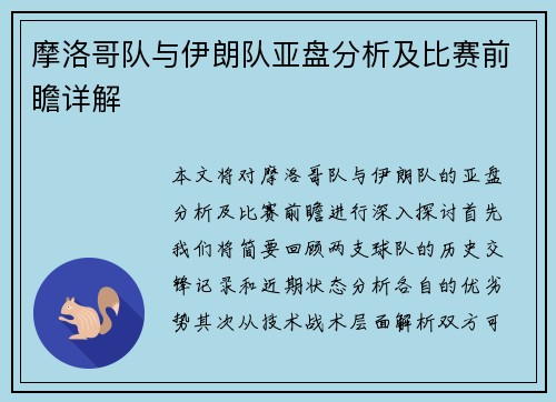 摩洛哥队与伊朗队亚盘分析及比赛前瞻详解