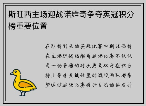 斯旺西主场迎战诺维奇争夺英冠积分榜重要位置