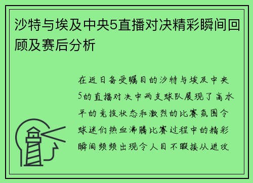 沙特与埃及中央5直播对决精彩瞬间回顾及赛后分析