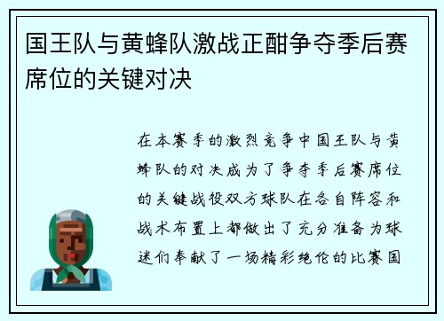 国王队与黄蜂队激战正酣争夺季后赛席位的关键对决