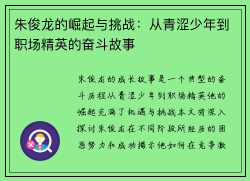 朱俊龙的崛起与挑战：从青涩少年到职场精英的奋斗故事