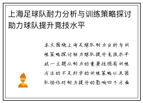 上海足球队耐力分析与训练策略探讨助力球队提升竞技水平