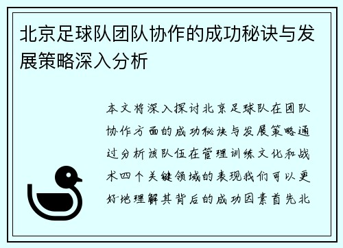 北京足球队团队协作的成功秘诀与发展策略深入分析