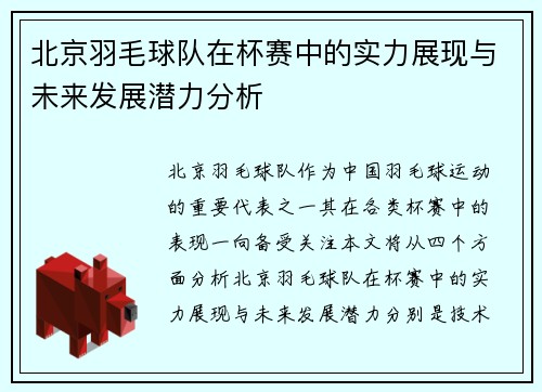 北京羽毛球队在杯赛中的实力展现与未来发展潜力分析