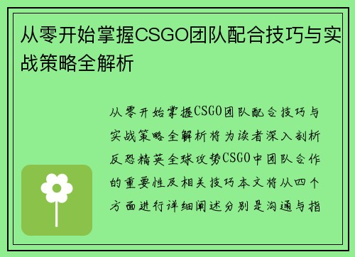 从零开始掌握CSGO团队配合技巧与实战策略全解析