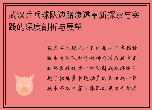 武汉乒乓球队边路渗透革新探索与实践的深度剖析与展望