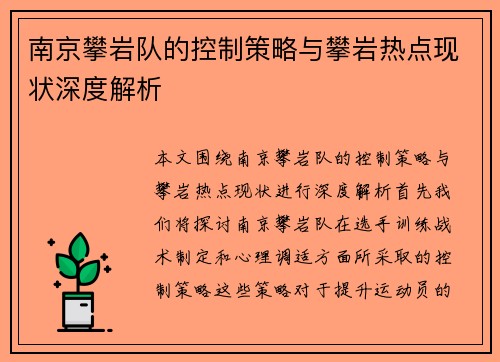南京攀岩队的控制策略与攀岩热点现状深度解析