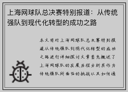 上海网球队总决赛特别报道：从传统强队到现代化转型的成功之路